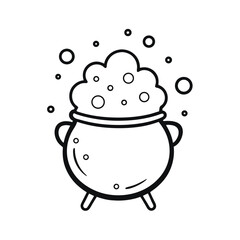 Line art illustration of a bubbling cauldron with rising steam on a white background
