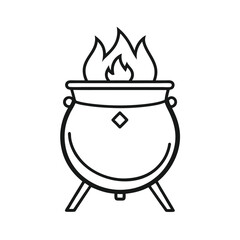 Line art illustration of a cauldron with a fire burning underneath on a white background