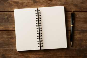 Blank Spiral Notebook with Pen on Rustic Wooden Table for Writing or Notes