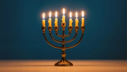 Bronze menorah with lit candles on wooden table against blue background  