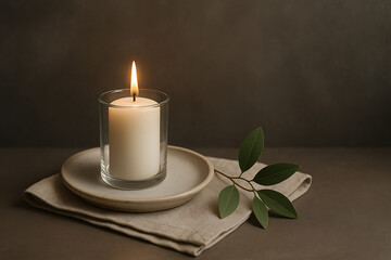 Burning Candle in Glass with Green Leaves on Plate for Cozy Home Decor
