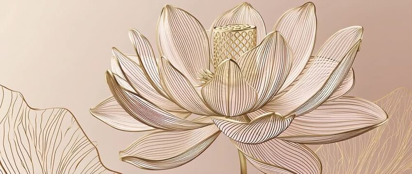Abstract lotus flower line art wallpaper, with a light pink and gold background, featuring simple lines, delicate curves, and an elegant simplicity Generative AI