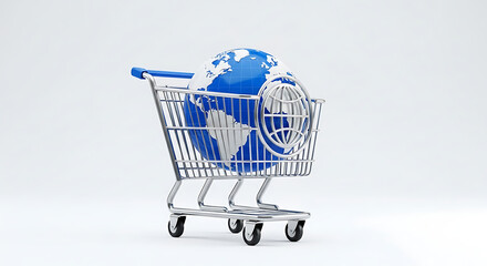 A shopping cart containing a globe with a silver globe outline on a white background studio shot ai generated