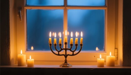 Fototapeta premium Menorah with lit candles on windowsill during winter evening 