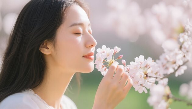 Young woman enjoying fragrance of cherry blossoms outdoors  