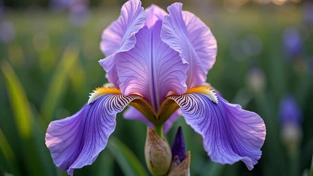 Purple iris flower in bloom, close up of vibrant violet petals in garden, spring floral background with soft bokeh, elegant botanical nature footage