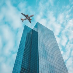 Obraz premium Modern Glass Skyscraper and Airplane Soaring Through Blue Sky: Travel, Business, Success Concept