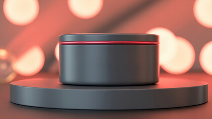 Sleek Gray Cosmetic Jar Mockup on Platform; Warm Red Bokeh Background; Elegant Product Presentation