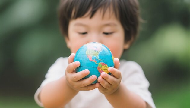 Young boy holding a globe with hands in outdoor setting  