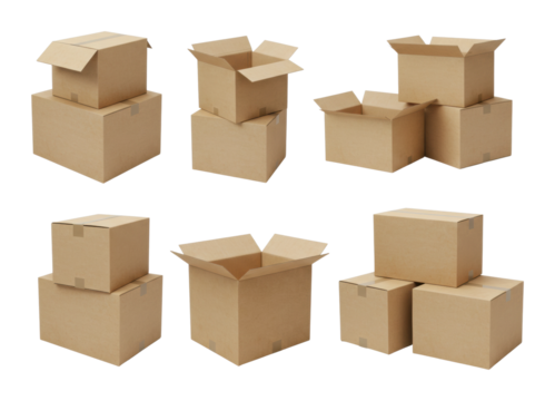 Packaging solutions cardboard box stacks warehouse product indoor top-down logistics concept. Cut out PNG