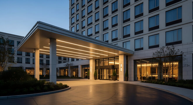 Exterior view of a modern hotel entrance with illuminated canopy and glass doors at dusk time evening ai generated