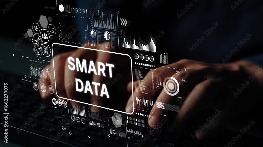 Poster concept of smart data analysis with technology and hands interacting with digital graphs and analyti
