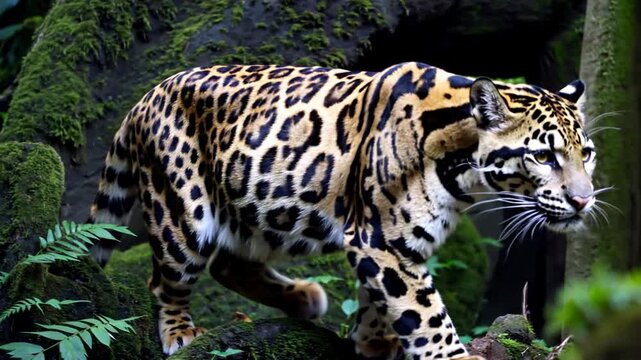 A close-up video shot of a clouded leopard prowling through lush, moss-covered jungle, captured from a low angle for an immersive wildlife experience. Live desktop wallpaper.