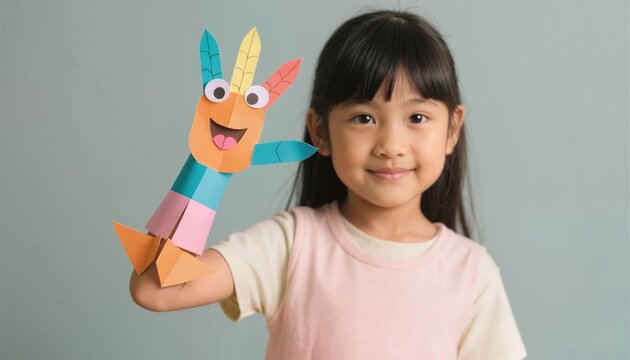 Young girl smiling while holding colorful paper puppet indoors  