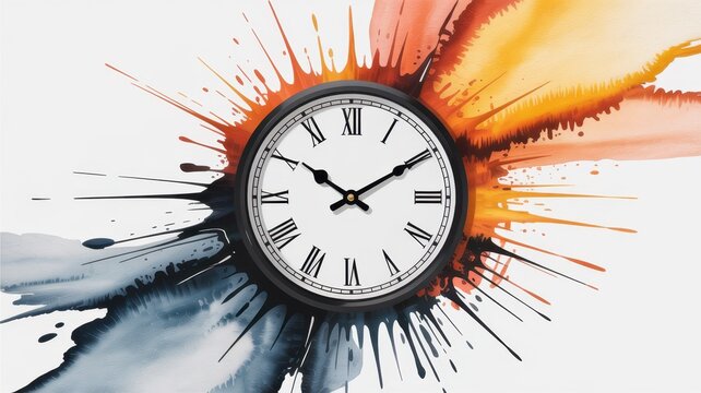 Abstract Clock Face with Expressive Ink Burst:  Time, Energy, and Creativity Concept.