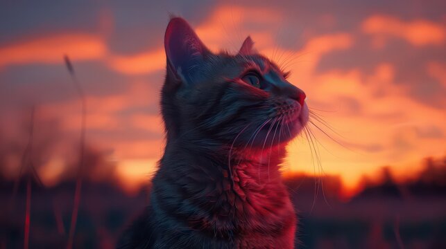 A tabby cat gazes upward at a vibrant sunset, bathed in warm, fiery hues.