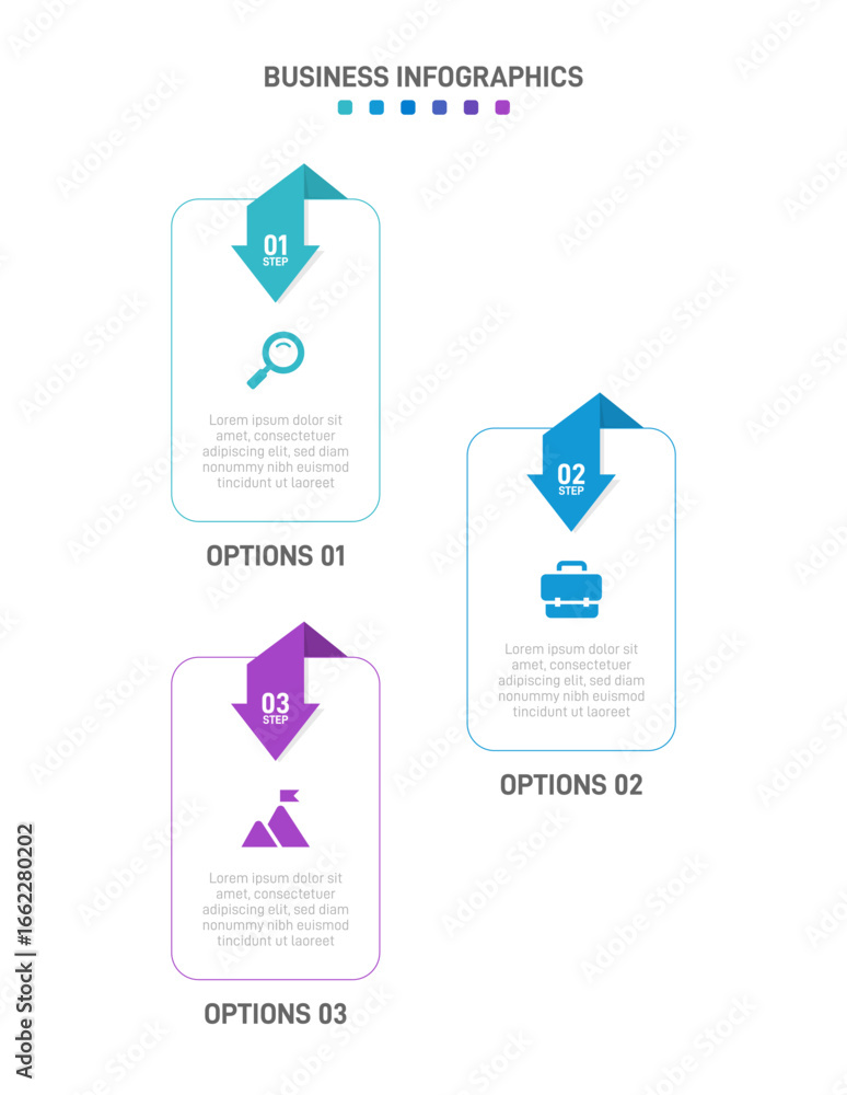 Poster vertical progress bar featuring 3 arrow-shaped elements, symbolizing the three stages of business st