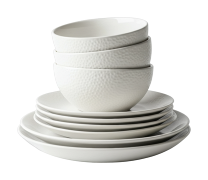 Elegant table setting with white dinnerware modern kitchen minimalist environment top dining decor. Cut out PNG - Powered by Adobe