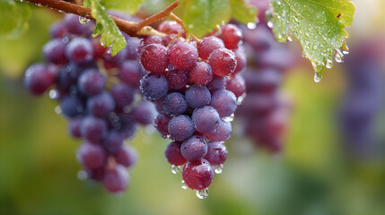 Fresh red and purple grape cluster with water drops hanging on a vine. Healthy fruit harvest or vineyard concept.