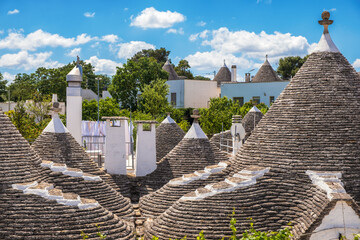 View over trulli rooftops in Alberobello, Italy.