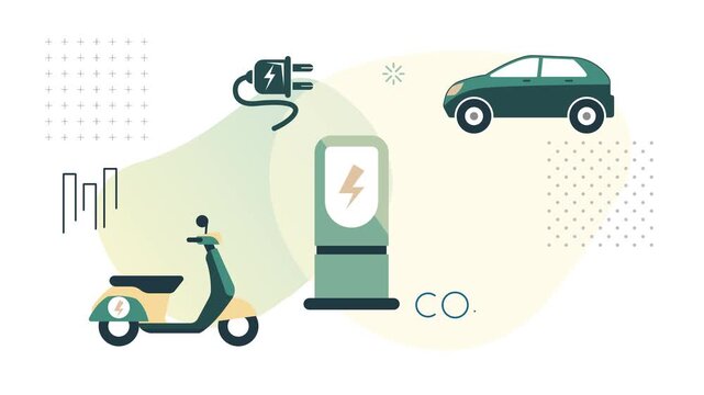 Future is Electric Vehicle  -  Reduce Carbon (CO2) Emissions with Renewable Energy Sources - Animated Illustration as MP4 File