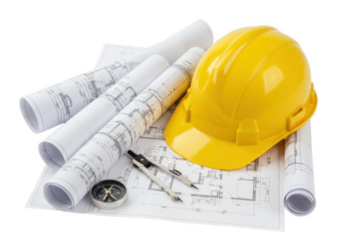 Construction planning tools blueprint designs job site representation professional environment overhead project management. Cut out PNG