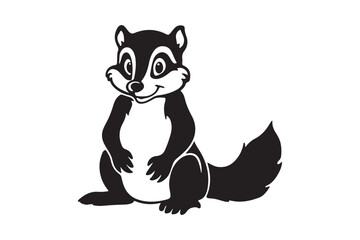 Adorable cartoon skunk character with bushy tail smiling happily sitting upright