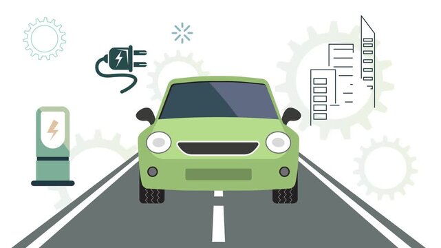 Future is Electric Vehicle  -  Reduce Carbon (CO2) Emissions with Renewable Energy Sources - Animated Illustration as MP4 File
