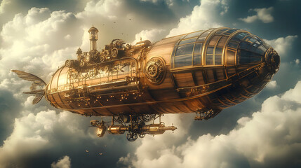 Futuristic steampunk dirigible soaring amongst majestic clouds