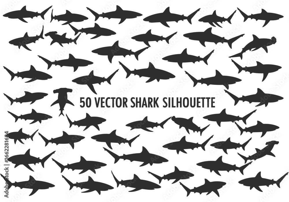 Poster a comprehensive collection of fifty distinct shark silhouette vector graphics for marine life design
