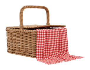 Outdoor picnic basket scene park still life natural setting leisure activities. Cut out PNG