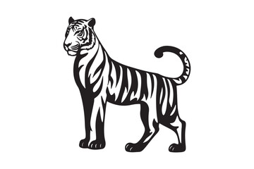 Majestic tiger standing proudly with bold stripes and powerful stance in black and white artwork