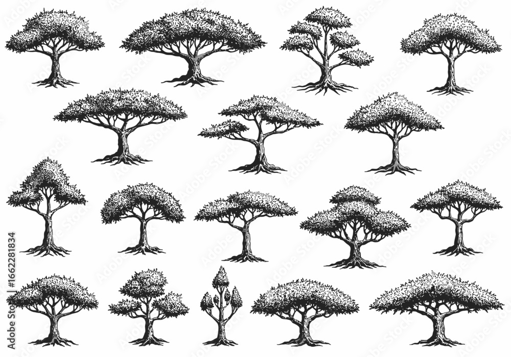 Poster a collection of distinctive stylized tree illustrations showcasing diverse forms and foliage texture