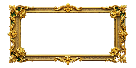 Elaborate Gold Frame with Intricate Floral Designs and Green Detailing ornate picture isolated on a transparent background