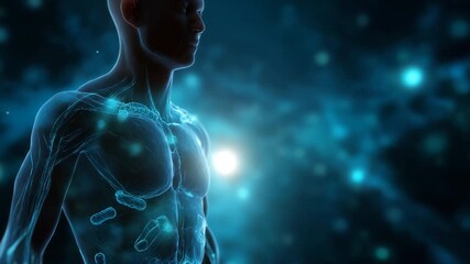 A man's body is displayed in a blue. Macro conceptual closeup of glowing microbiome bacteria overlay human silhouette,gut microbiome test, futuristic biotech style - Powered by Adobe