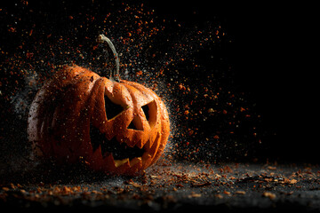 Halloween pumpkin exploding pieces. Decorative Jack-o'-lantern on black background.