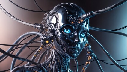futuristic artificial intelligence robot with metallic body and intricate wiring for technology concepts