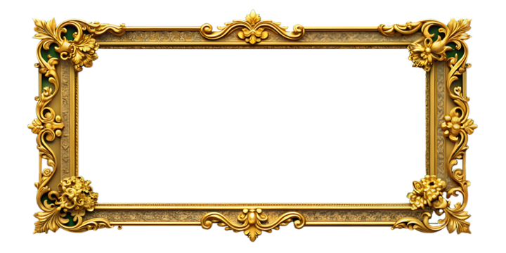 Elaborate Gold Frame with Intricate Floral Designs and Green Detailing ornate picture isolated on a transparent background - Powered by Adobe