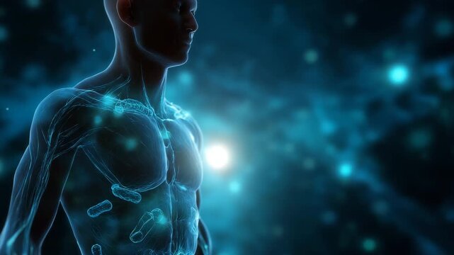 A man's body is displayed in a blue. Macro conceptual closeup of glowing microbiome bacteria overlay human silhouette,gut microbiome test, futuristic biotech style