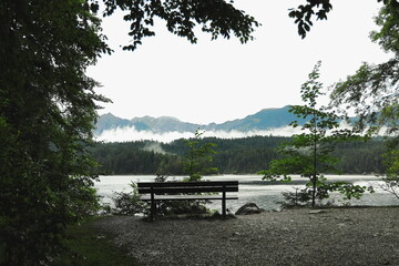 Bench by mountain lake with misty forest and clouds,Scenic view of a wooden bench by the lake with mountain peaks in the background, mist over the forest, and fresh green trees in the foreground. Peac
