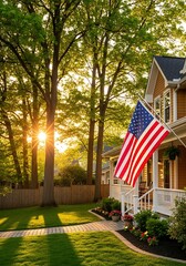 Home with American flag at sunset