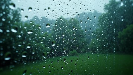 Raindrops gently sliding down windowpane, mesmerizing rainy day view of lush green trees in the distance, serene calming mood, nature's rhythm
