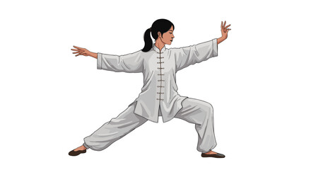 Graceful Asian Woman Practicing Tai Chi Movement with Calm Energy Isolated on Transparent Background