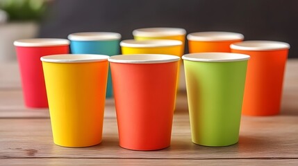 Colorful Paper Cups on Wooden Table Party Supplies