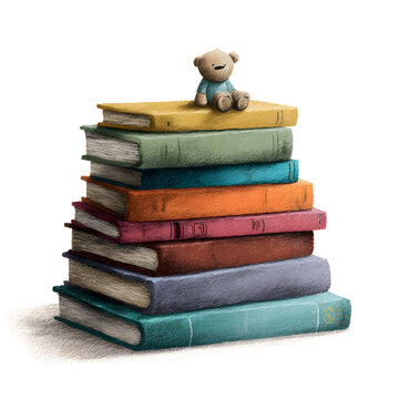 Teddy Bear on Stack of Books Illustration - Education, Learning, Childhood, and Imagination (Watercolor Style)