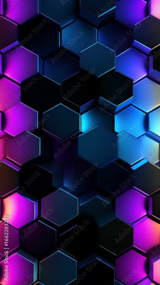 Poster vibrant hexagonal pattern with a futuristic vibe, captured from a top-down angle. ideal for a dynami