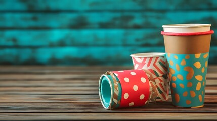 Colorful Paper Cups and Wraps on Wooden Table