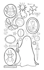 Hand drawn vector line art of gothic elements in minimal style. Dark aesthetic design perfect for tattoos, posters, stickers, fashion prints, branding, and alternative creative projects