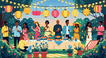 Vibrant outdoor garden party with diverse guests enjoying food and drinks under colorful lanterns