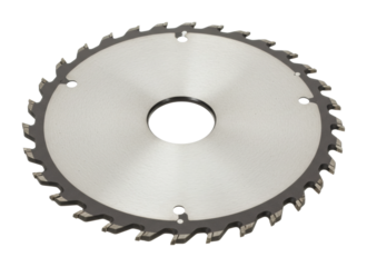Cutting edge action circular saw blade display in industrial setting perspective. Cut out PNG